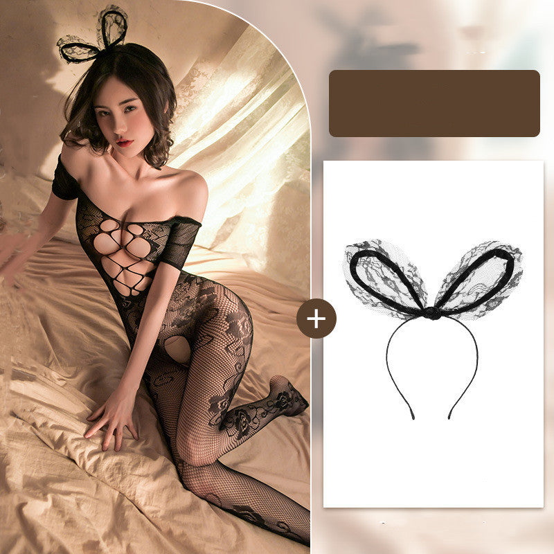 Sexy One-Piece Transparent Jacquard Stockings Cosplay Costume with Ears 