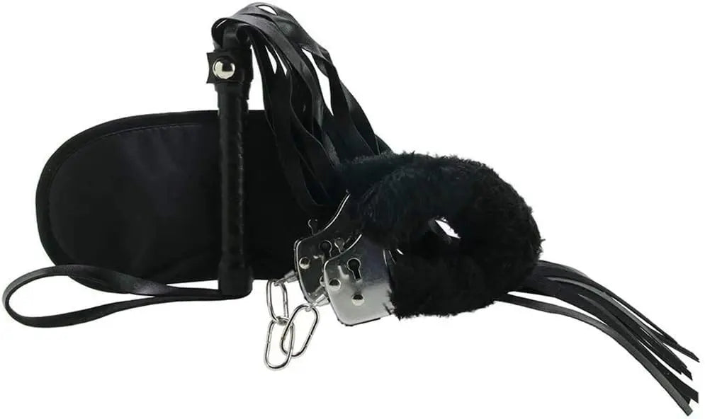 3-Piece Introductory Bondage Kit Black Sex Handcuffs, BDSM Blindfold and Flogger  Bondage Kits