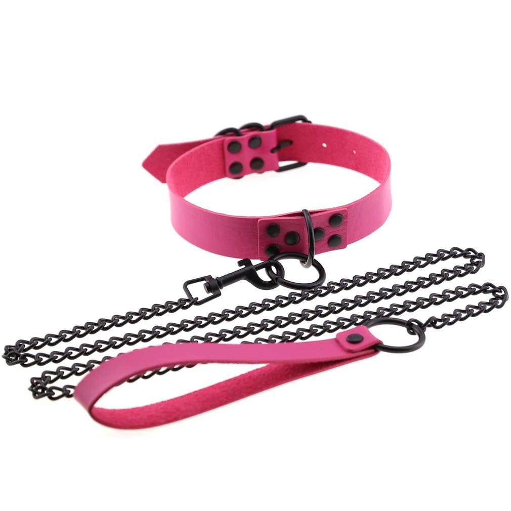 Leather BDSM Collar with O-Ring and Leash 