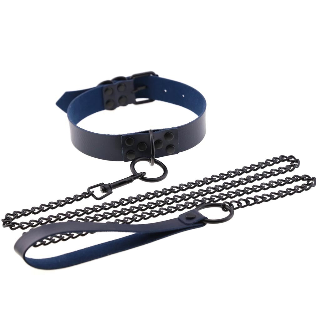 Leather BDSM Collar with O-Ring and Leash 