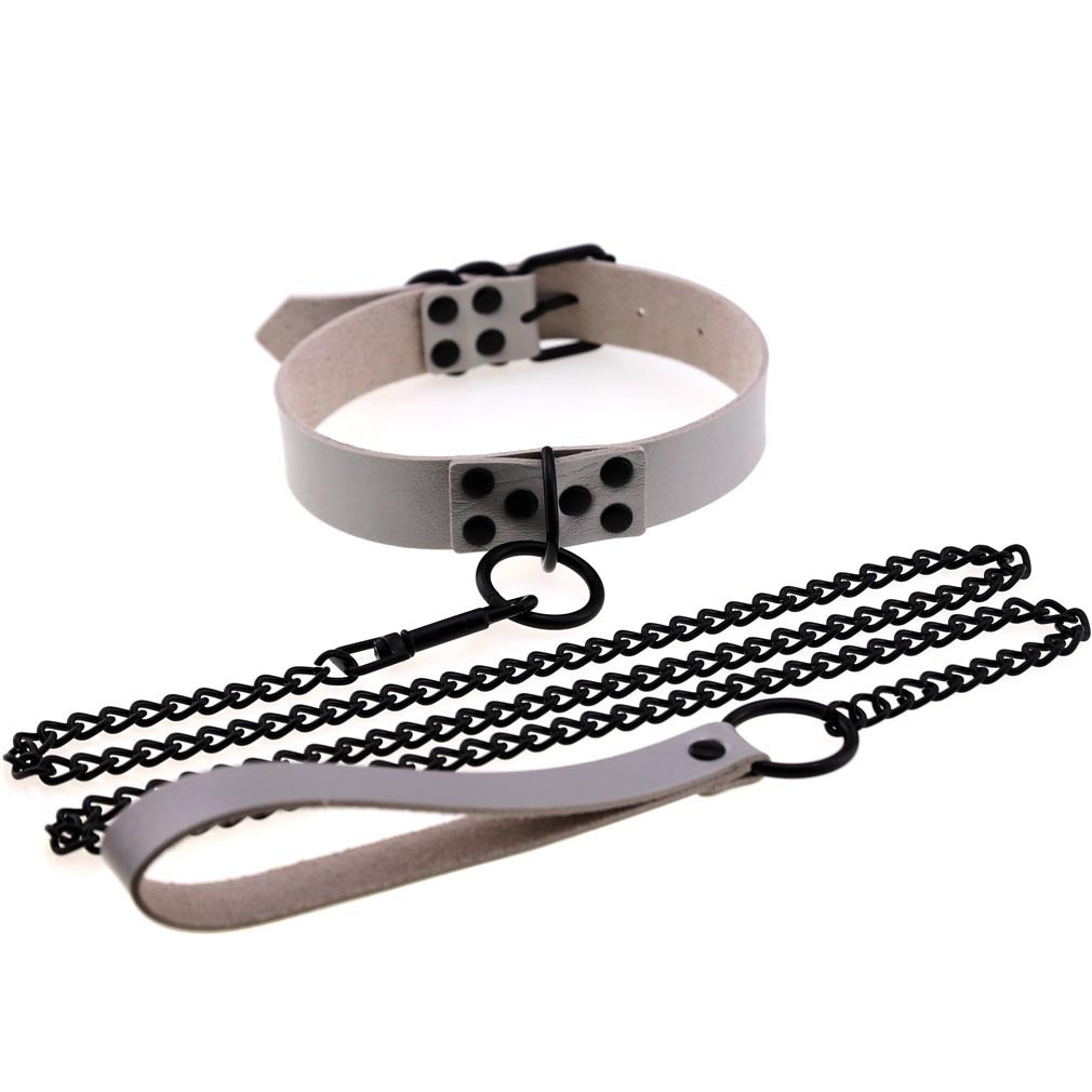 Leather BDSM Collar with O-Ring and Leash 