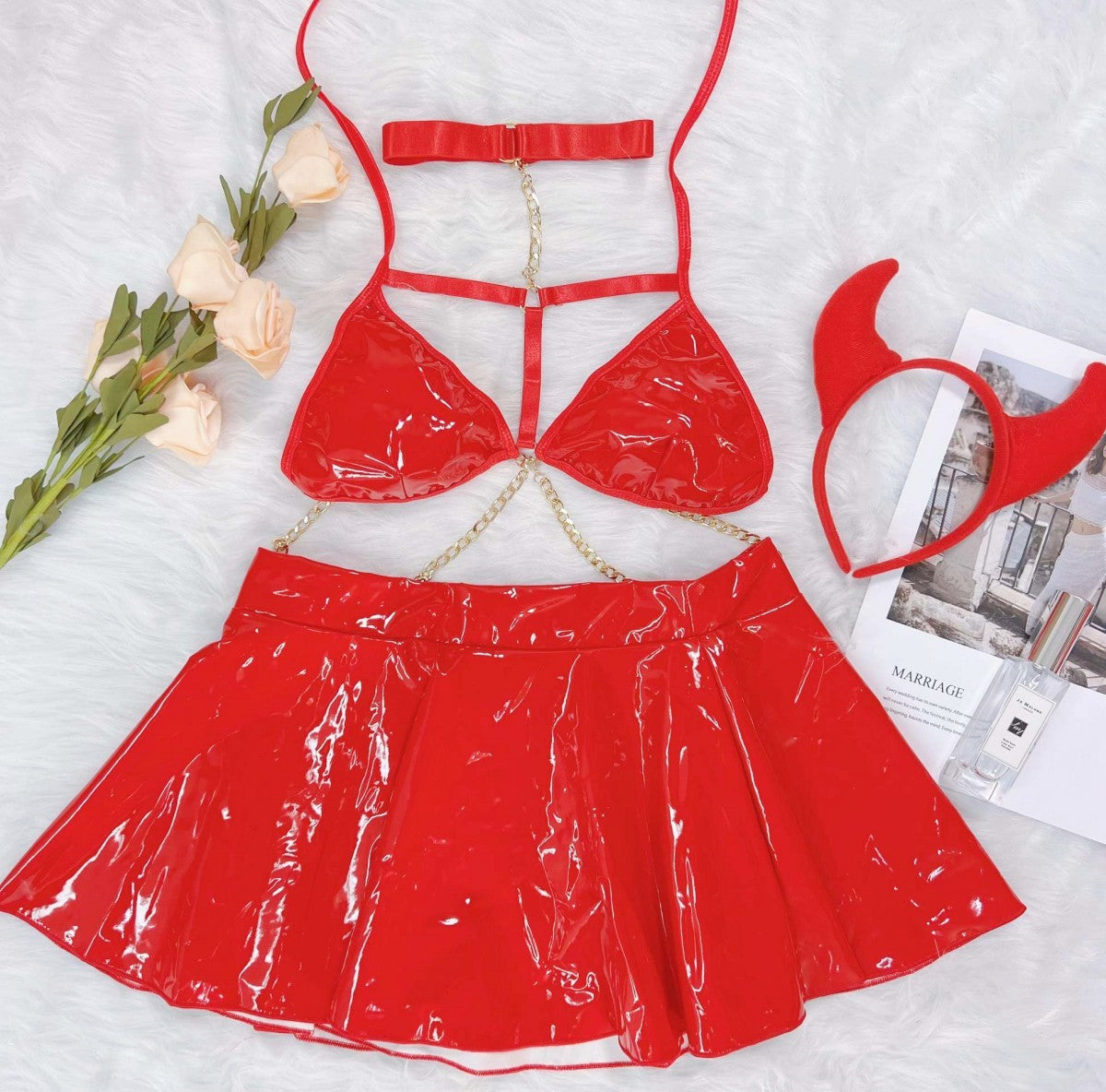 Patent Leather Sexy Devil Costume with Attached Collar 