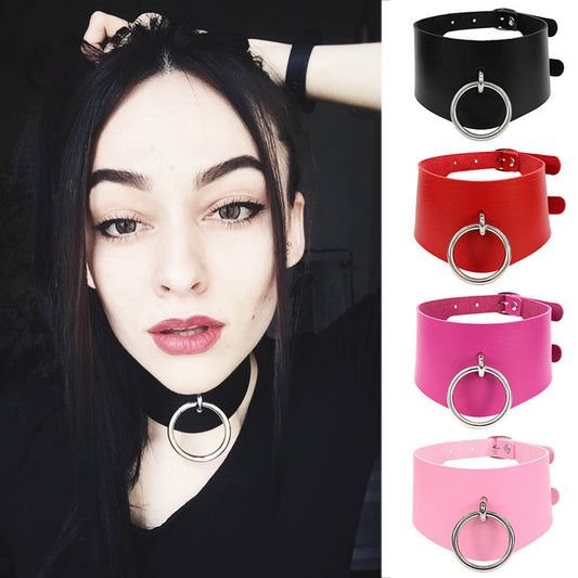 Bold O-Ring Leather Collar Choker Necklace 