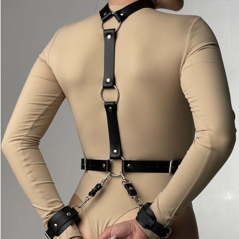 Sexy Leather BDSM Harness with Optional Clip-On Cuffs 