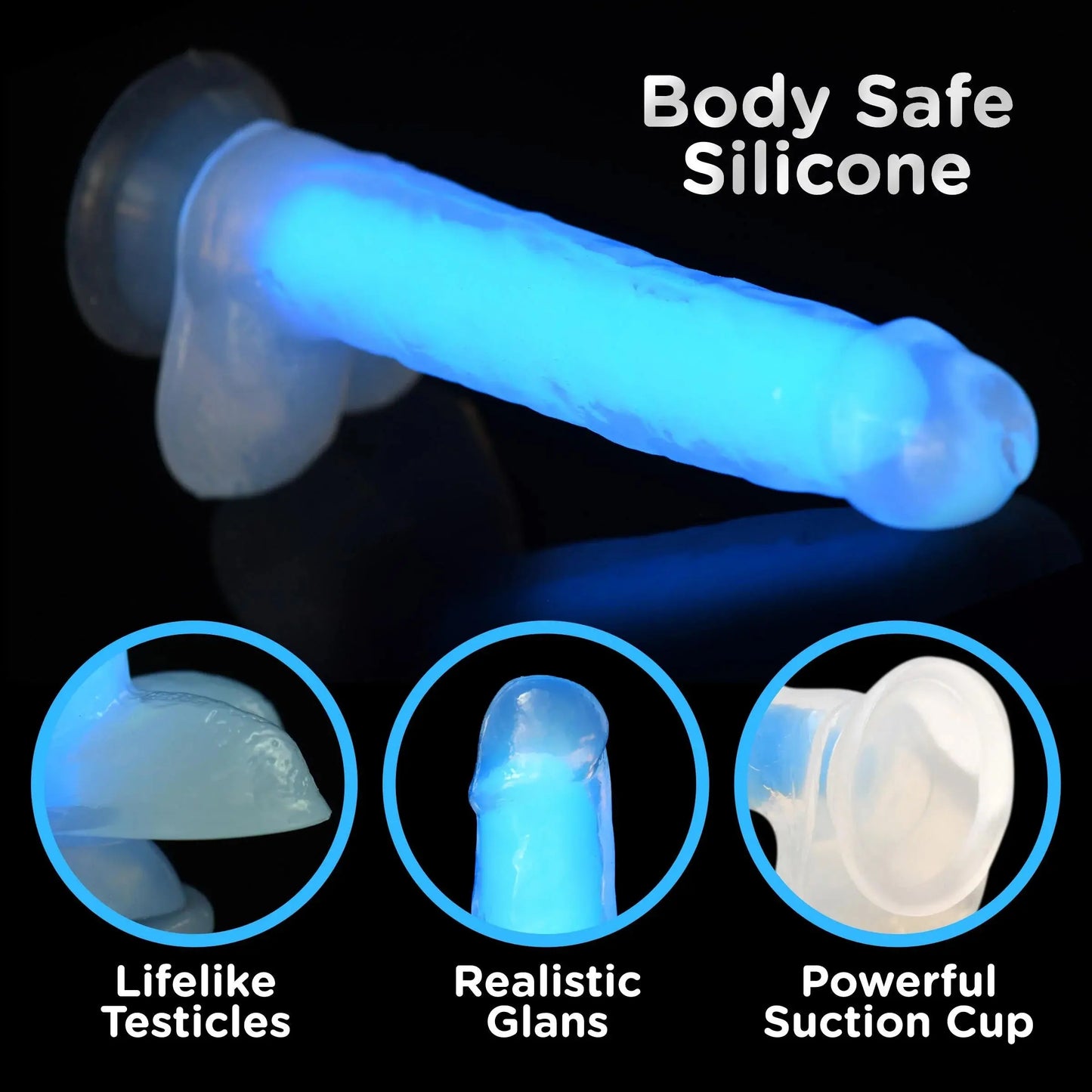 7 Inch Glow-in-the-Dark Silicone Dildo with Balls - Blue  Suction Cup Dildos