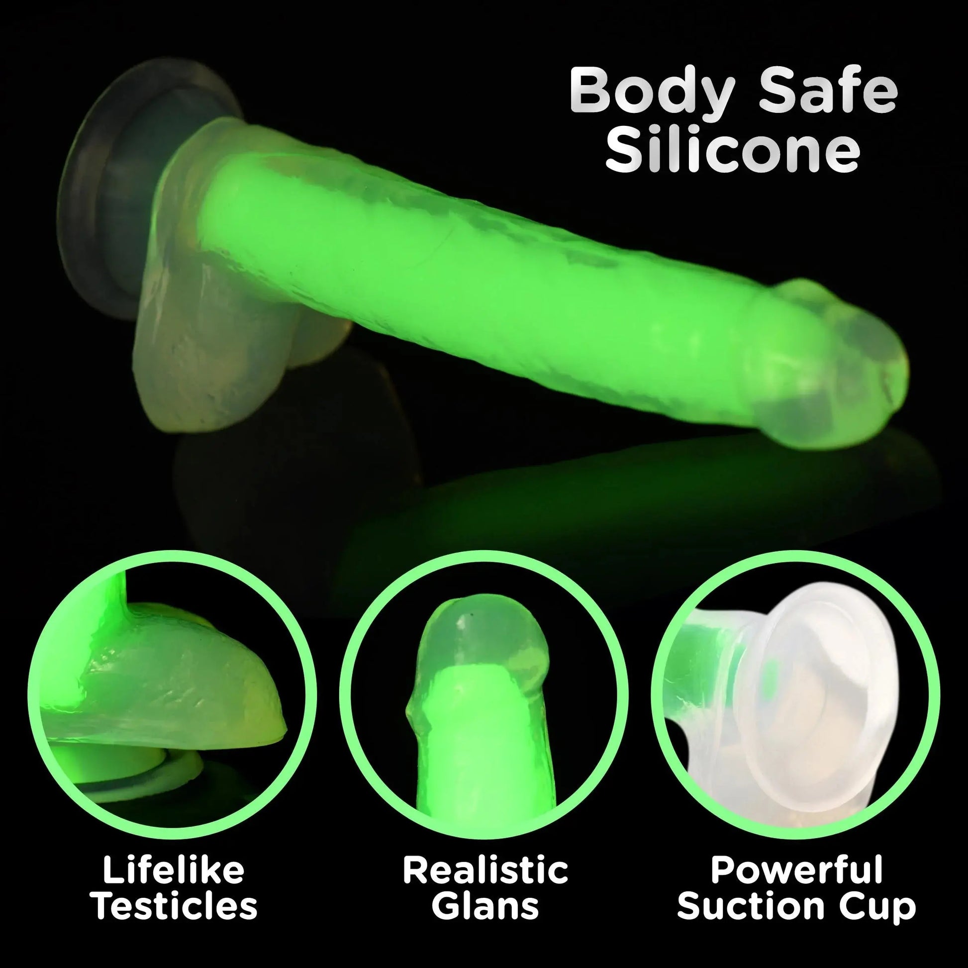 7 Inch Glow-in-the-Dark Silicone Dildo with Balls - Green  Suction Cup Dildos