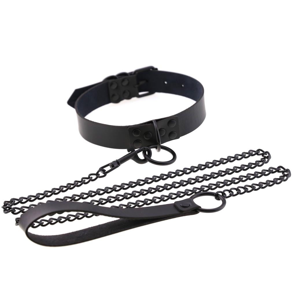 Leather BDSM Collar with O-Ring and Leash 