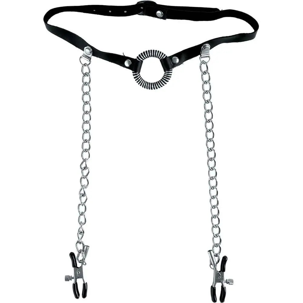 Adjustable O-Ring Gag - Open Mouth Gag With Attached Nipple Clamps  Fetish - Nipple Clips Clamps & Suckers