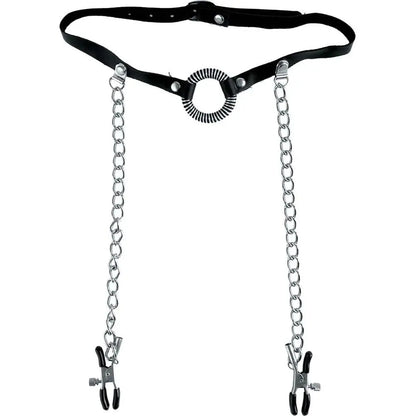 Adjustable O-Ring Gag - Open Mouth Gag With Attached Nipple Clamps  Fetish - Nipple Clips Clamps & Suckers