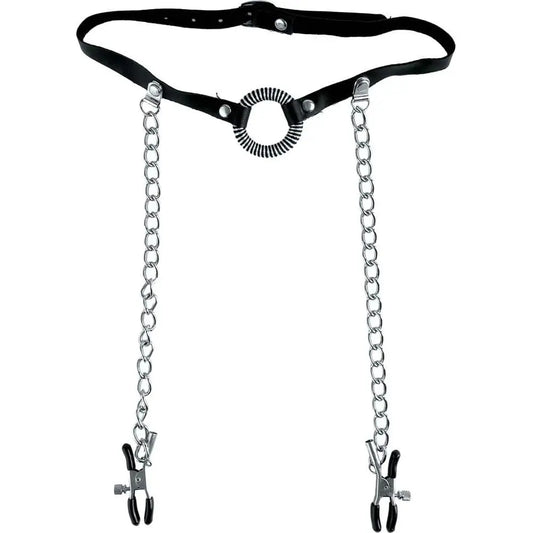 Adjustable O-Ring Gag - Open Mouth Gag With Attached Nipple Clamps  Fetish - Nipple Clips Clamps & Suckers