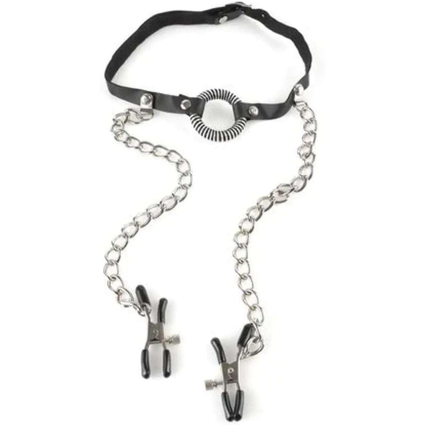 Adjustable O-Ring Gag - Open Mouth Gag With Attached Nipple Clamps  Fetish - Nipple Clips Clamps & Suckers