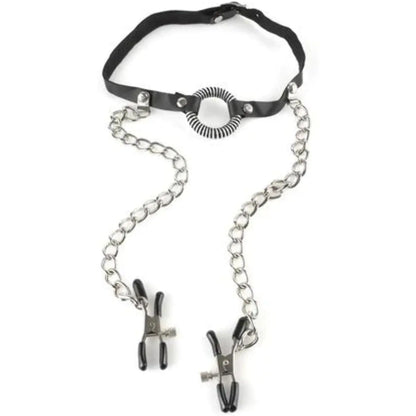 Adjustable O-Ring Gag - Open Mouth Gag With Attached Nipple Clamps  Fetish - Nipple Clips Clamps & Suckers