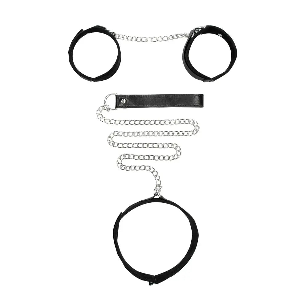 Adjustable Velcro Bondage Collar With Leash and Wrist Cuffs Black  Fetish - Cuffs & Restraints