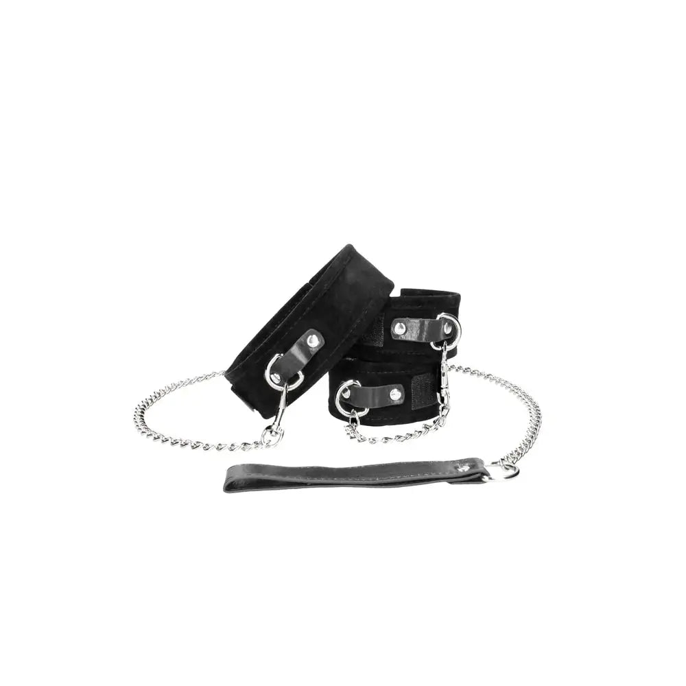 Adjustable Velcro Bondage Collar With Leash and Wrist Cuffs Black  Fetish - Cuffs & Restraints