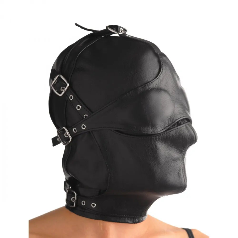 Asylum Leather Bondage Hood with Removable Blindfold and Muzzle- ML  Masks, Gags and Blindfolds