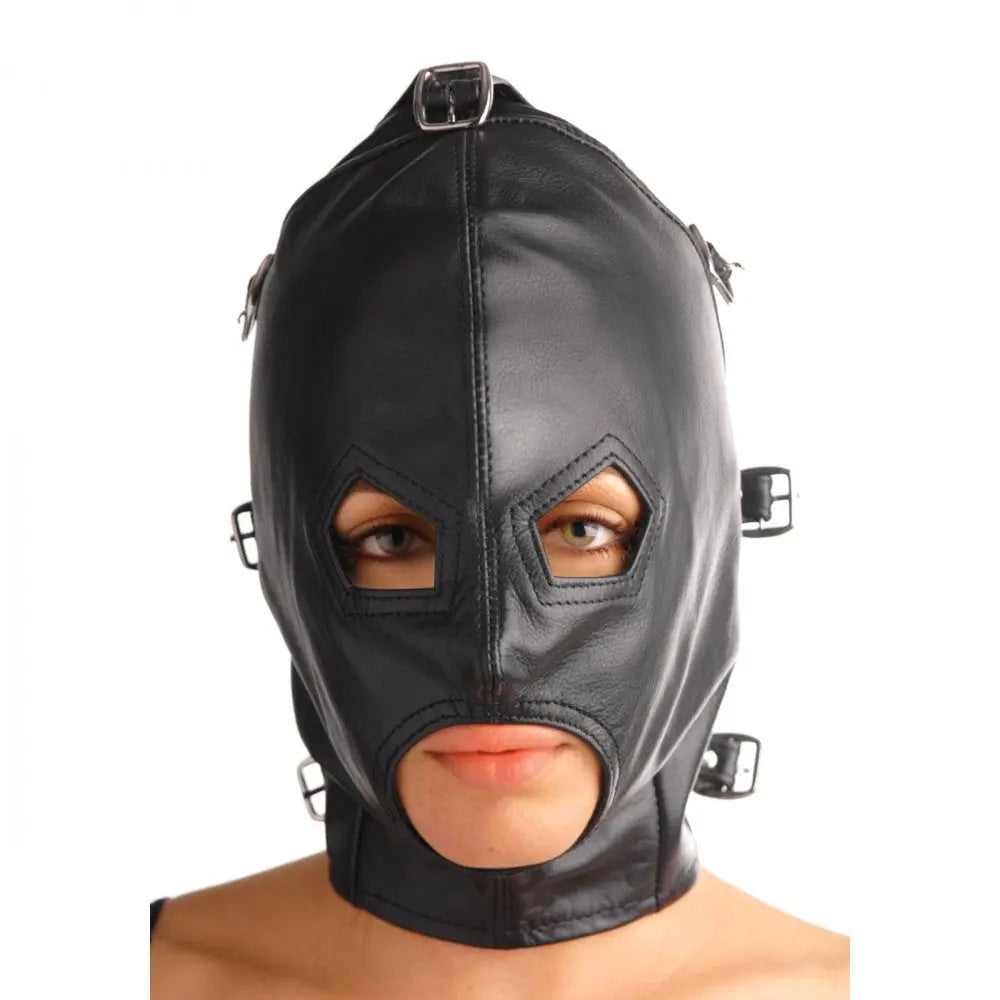 Asylum Leather Bondage Hood with Removable Blindfold and Muzzle- ML  Masks, Gags and Blindfolds