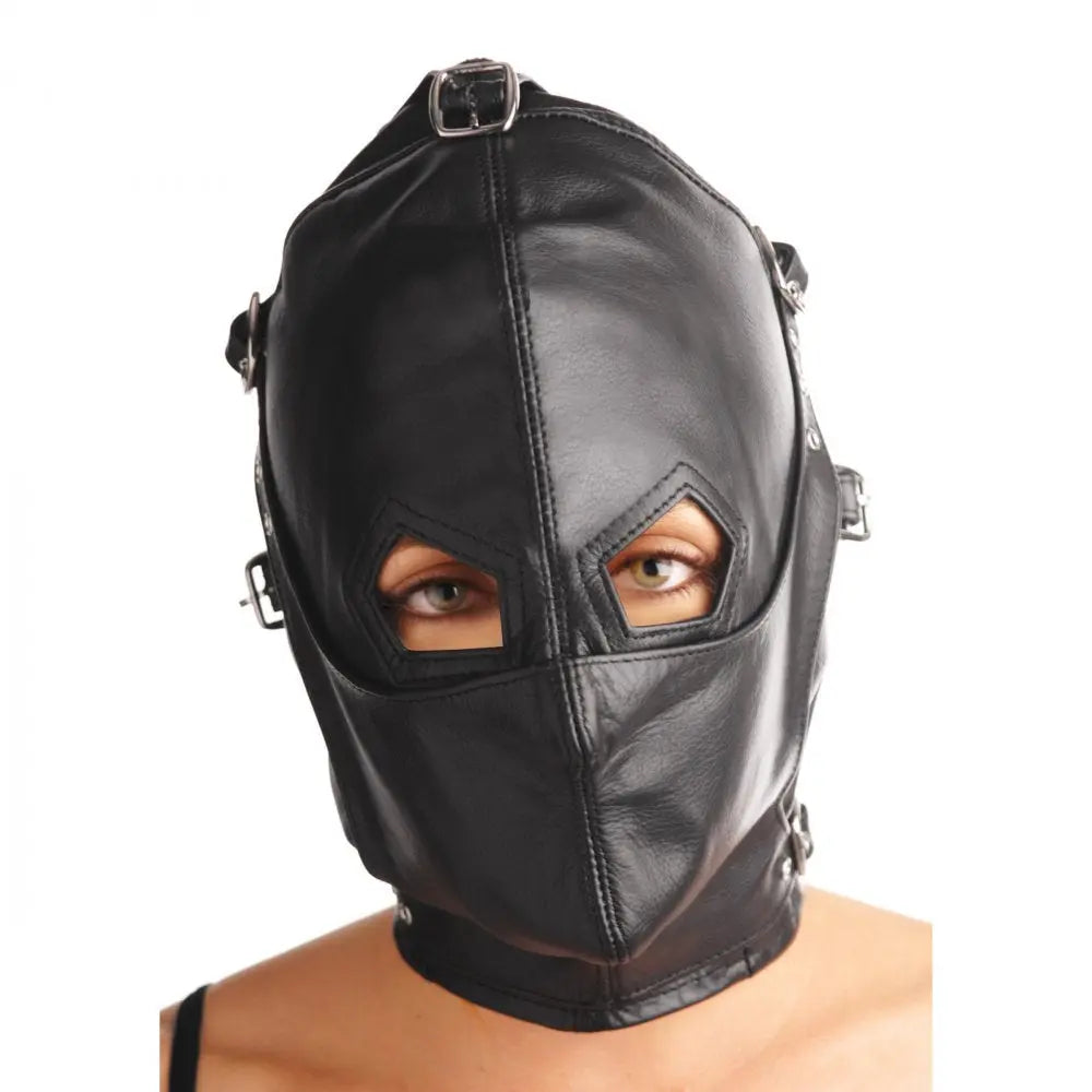 Asylum Leather Bondage Hood with Removable Blindfold and Muzzle- ML  Masks, Gags and Blindfolds