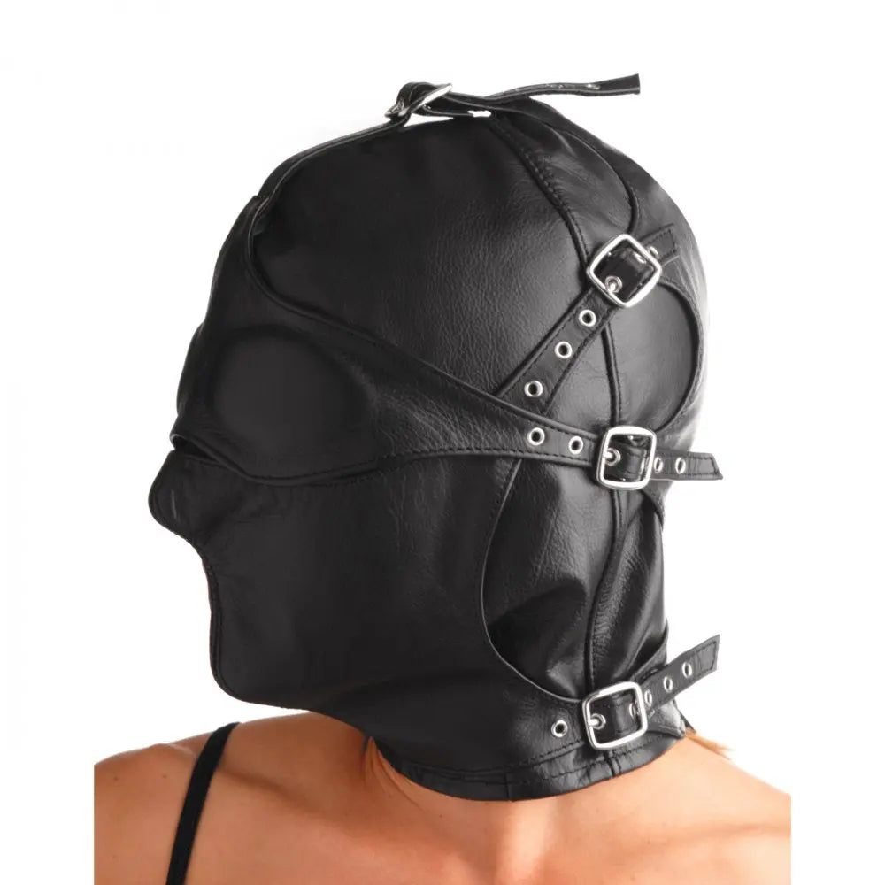 Asylum Leather Bondage Hood with Removable Blindfold and Muzzle- ML  Masks, Gags and Blindfolds