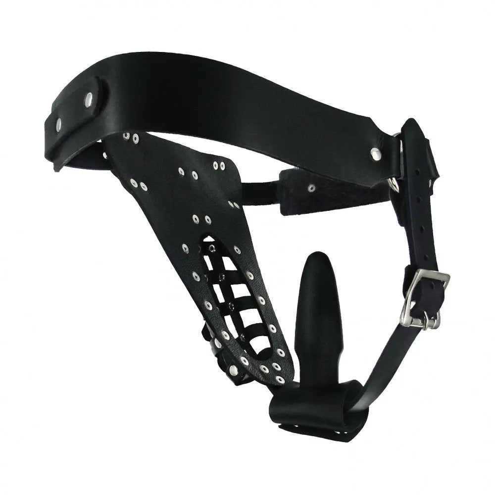 BDSM Chastity Leather Male Chastity Belt with Anal Plug Harness  Chastity