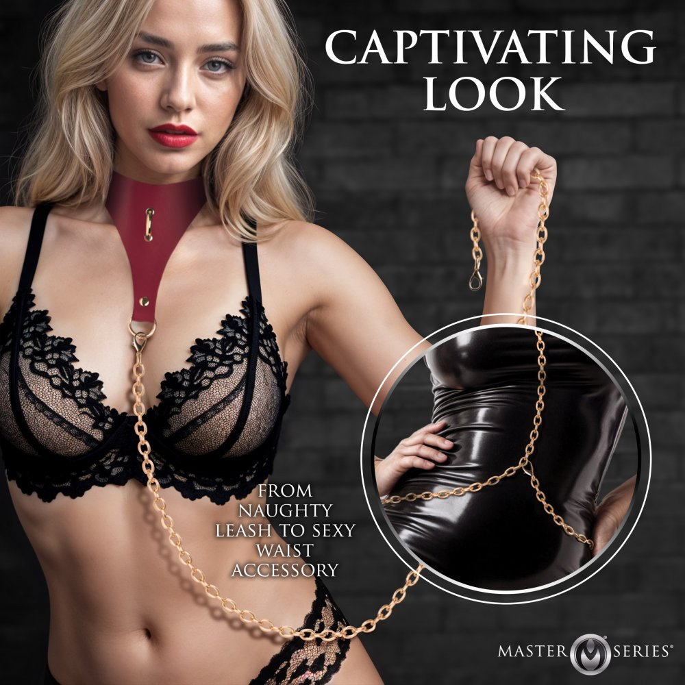 BDSM Collar Captivate Bondage Slave Collar with Body Chain - Red  Collars and Leads