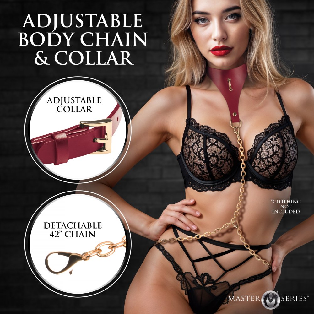 BDSM Collar Captivate Bondage Slave Collar with Body Chain - Red  Collars and Leads