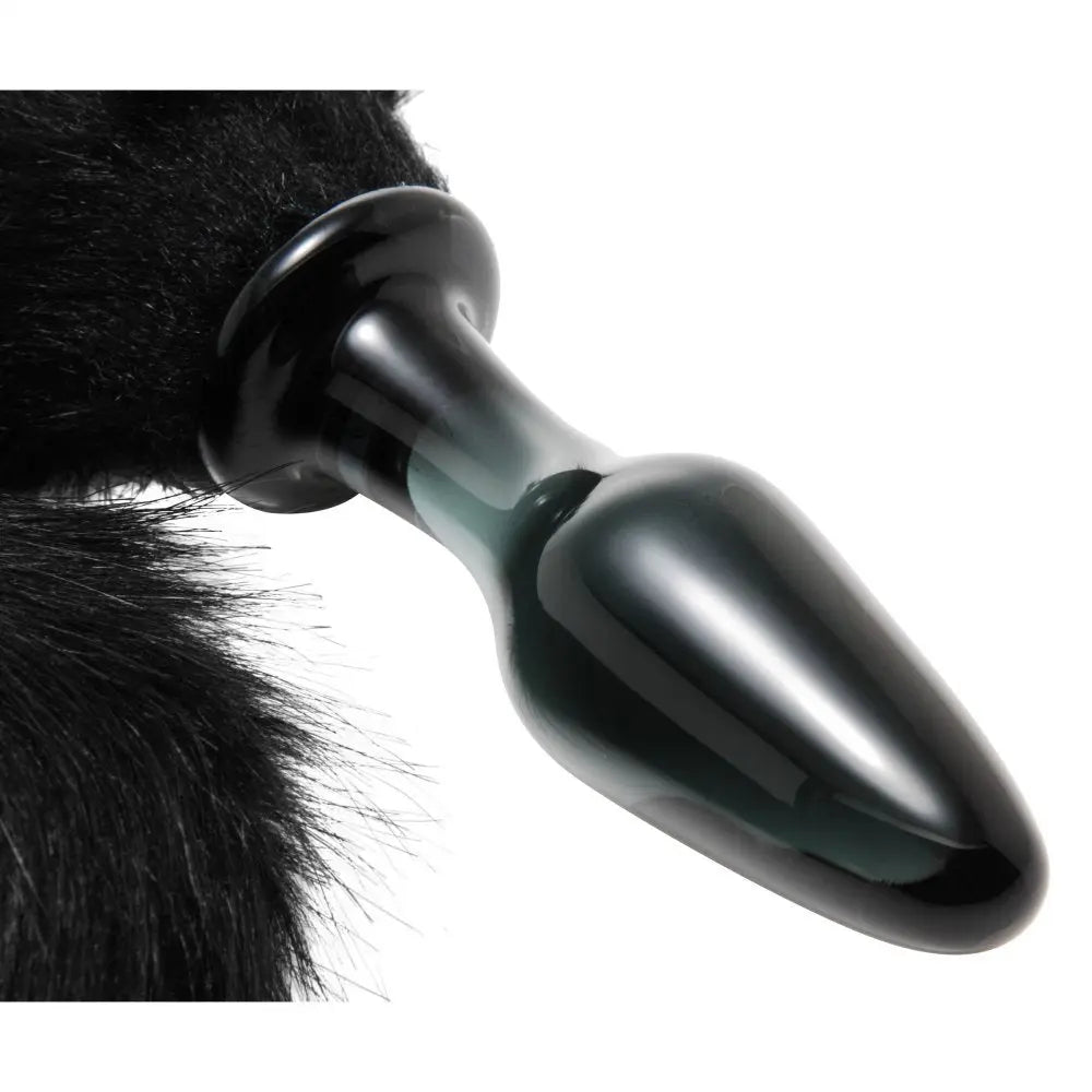 Black Glass Butt Plug - Midnight Fox Tail Glass Anal Plug  BDSM Pet Play Anal Plug