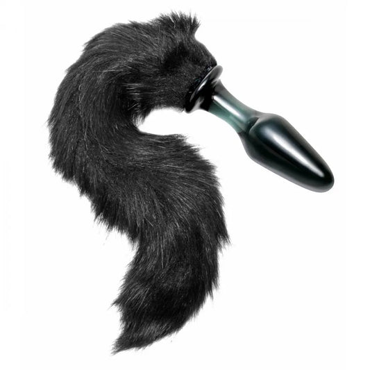 Black Glass Butt Plug - Midnight Fox Tail Glass Anal Plug  BDSM Pet Play Anal Plug
