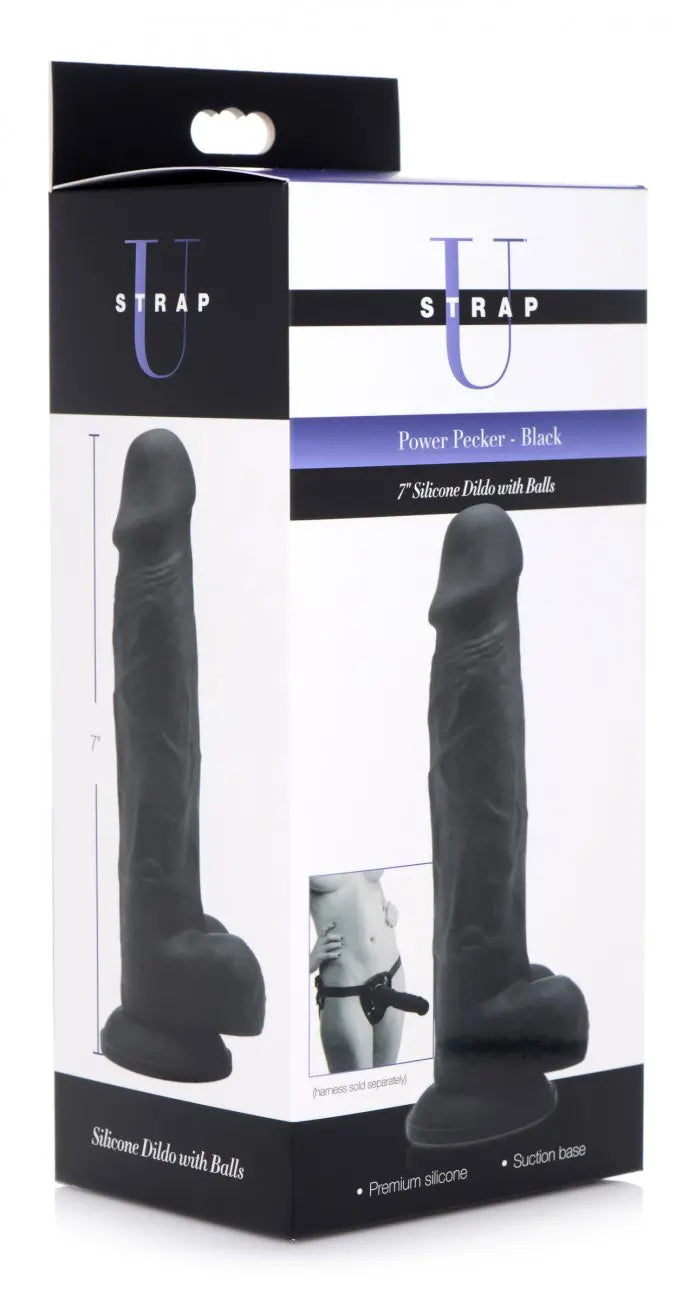 Body Safe Realistic Dildo Power Pecker 7 Inch Silicone Dildo with Balls - Black  Realistic Dildos