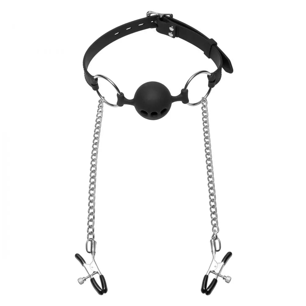 Bondage Gag Hinder Breathable Silicone Ball Gag with Nipple Clamps  Masks, Gags and Blindfolds