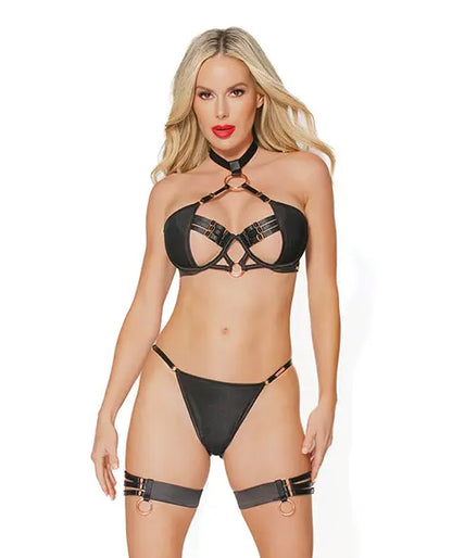 Bondage Lingerie Bra, G-String & Leg Garters with Adjustable BDSM Collar Choker  Lingerie - Bra and Panty sets