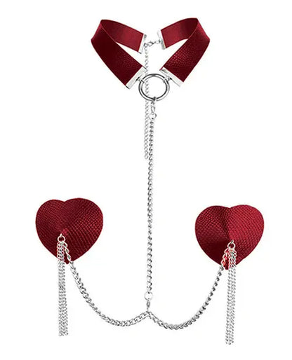 Bondage Lingerie Nipplicious Leather BDSM Collar & Pasties With Chain Red  Lingerie - Pasties and Tassels