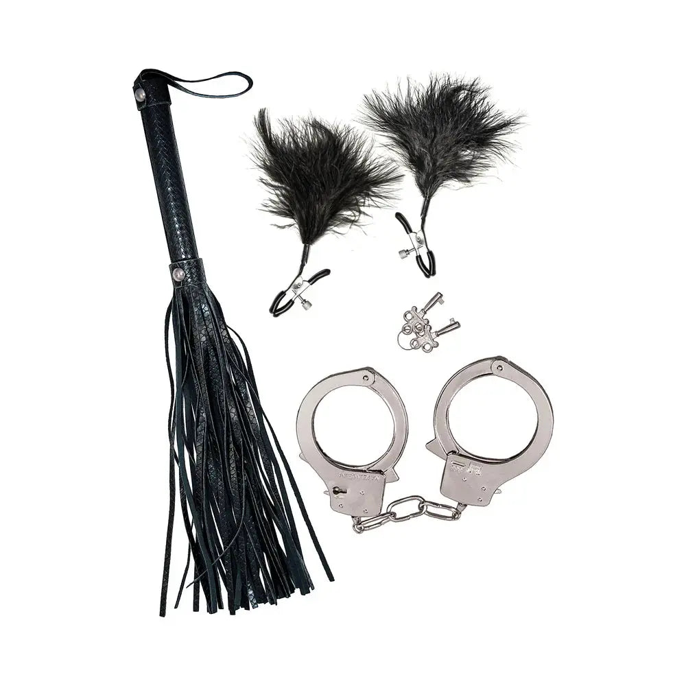 Bondage Set - Whip, Feather and Metal Sex Cuffs Black Bondage Kit  Bondage Kits
