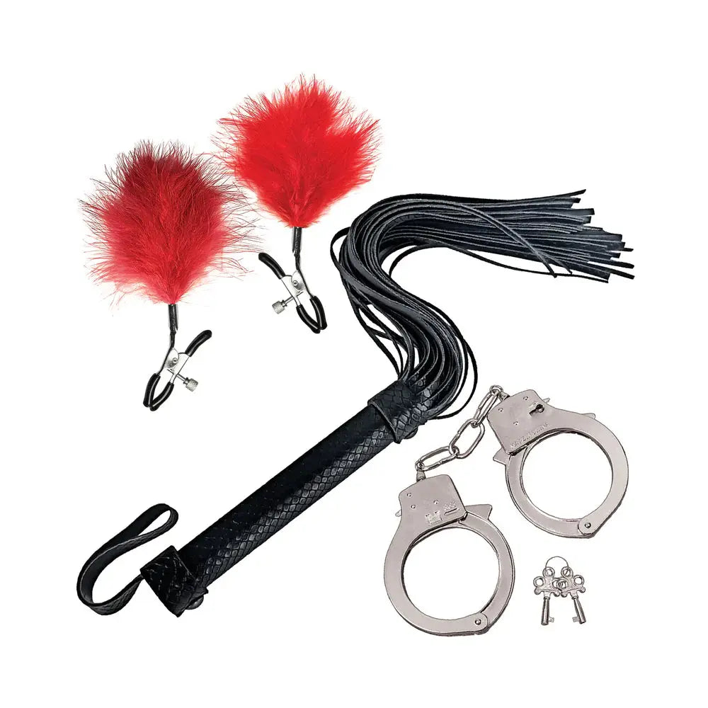 Bondage by Nasstoys Whip, Feather and Cuffs Red Bondage Kit  Bondage Kits
