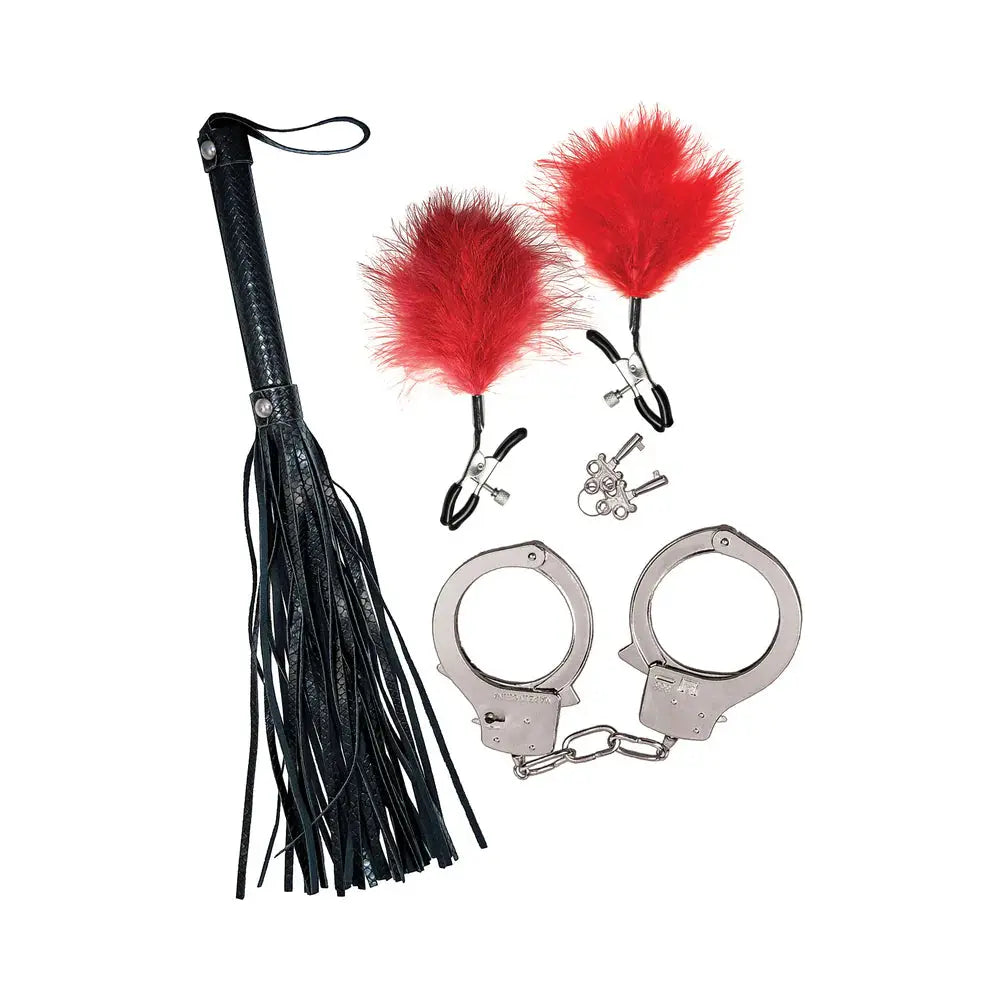 Bondage by Nasstoys Whip, Feather and Cuffs Red Bondage Kit  Bondage Kits