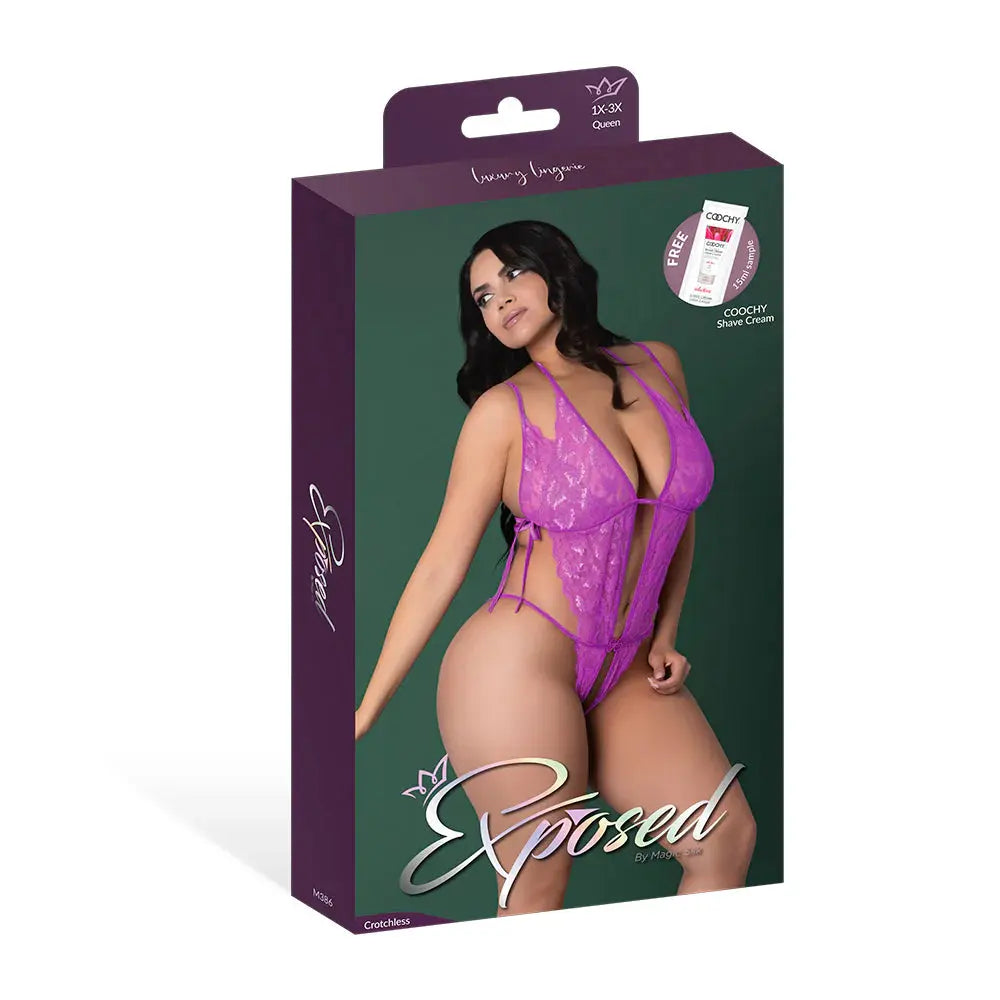 Butterfly Fantasies Peek-a-Boo Crotchless Plus Size Teddy Neon Purple Queen Size  Lingerie - Body Stockings