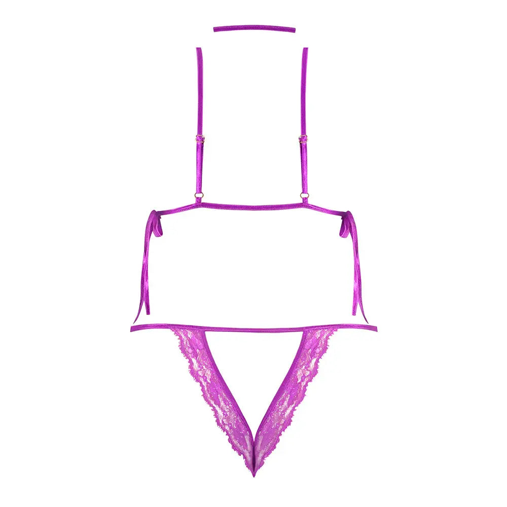 Butterfly Fantasies Peek-a-Boo Crotchless Plus Size Teddy Neon Purple Queen Size  Lingerie - Body Stockings