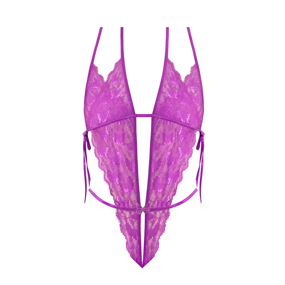 Butterfly Fantasies Peek-a-Boo Crotchless Plus Size Teddy Neon Purple Queen Size  Lingerie - Body Stockings