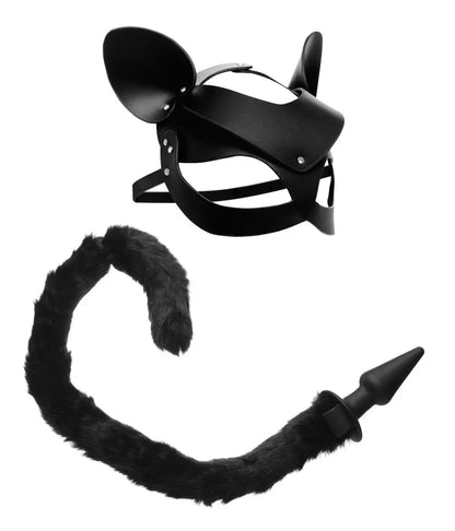 Cat Tail Anal Plug and Pet Play Bondage Mask Set  Anal
