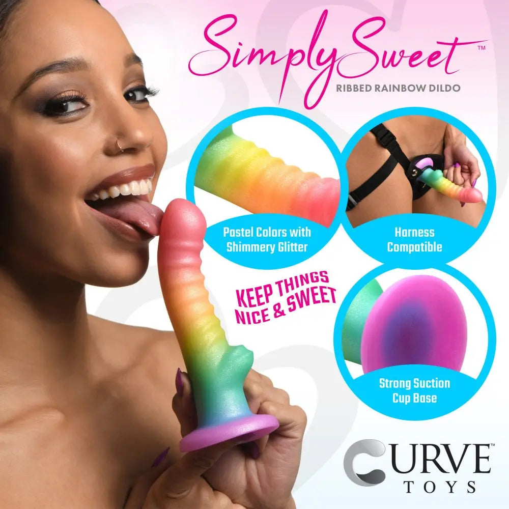 Curved Dildo Sex Toy Ribbed Rainbow Textured Ribbed Dildo P-Spot or G-Spot Sex Toy  Dildos