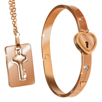 Day Collar Bracelet Submissive Jewelry Cuffed Locking Bracelet and Key Necklace - Rose Gold  Collars and Leads