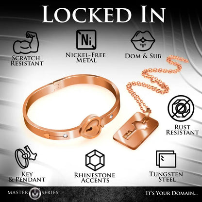 Day Collar Bracelet Submissive Jewelry Cuffed Locking Bracelet and Key Necklace - Rose Gold  Collars and Leads