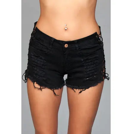 Denim Shorts Lace-Up Side Detail Black Large Packaging Hanging  Lingerie - Club Wear