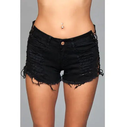 Denim Shorts Lace-Up Side Detail Black Large Packaging Hanging  Lingerie - Club Wear