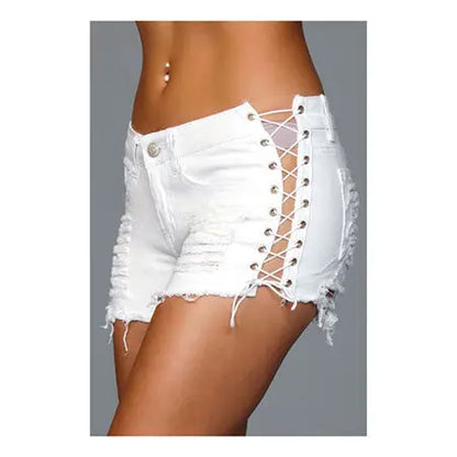 Denim Shorts With Lace Up Side White Large Packaging Hanging  Lingerie - Club Wear