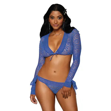 Dreamgirl 2-Piece Mesh Knit Animal Print Shrug & Cheeky Panty Periwinkle O/S  Lingerie - Bra and Panty sets