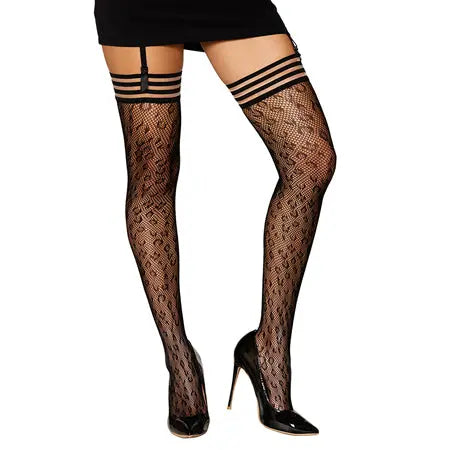 Dreamgirl Animal Print Fishnet Thigh-High Stockings Black O/S  Lingerie - Stockings & Leggings