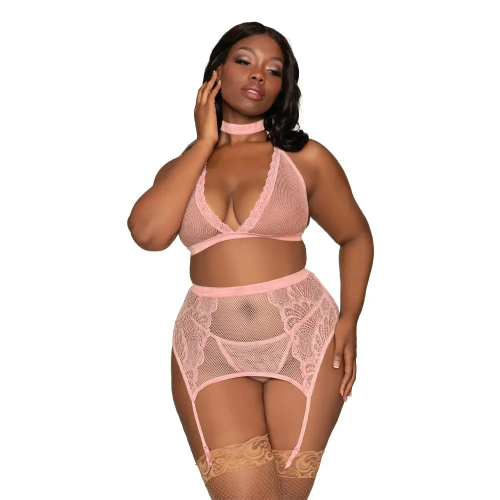 Dreamgirl Bra Garterbelt & G-String Pink Queen Size  Lingerie - Bra and Panty sets