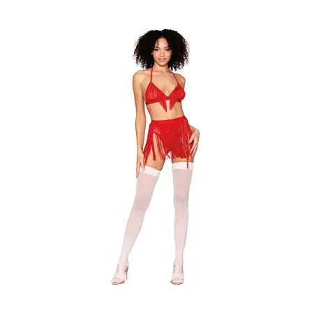 Dreamgirl Chainette Fringe Bralette, Garter Belt, and G-String Set Ruby O/S  Lingerie - Bra and Panty sets