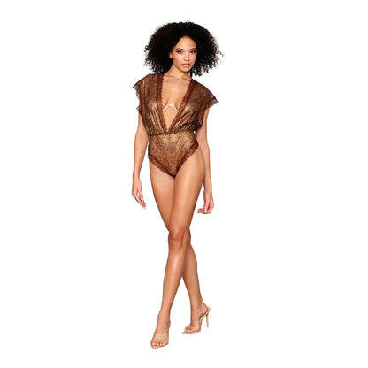 Dreamgirl Delicate Gold-Foil Lace Blouson Teddy & Rhinestone Metal Underwire Bra Set Gold M  Lingerie - Baby dolls Chemises etc