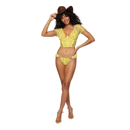 Dreamgirl Embroidered Eyelet Band and Stretch Fishnet Bustier and G-string Set Citrus L  Lingerie - Bra and Panty sets